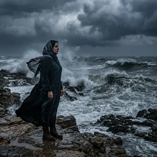 Middle-Eastern Woman Contemplating Stormy Sea
