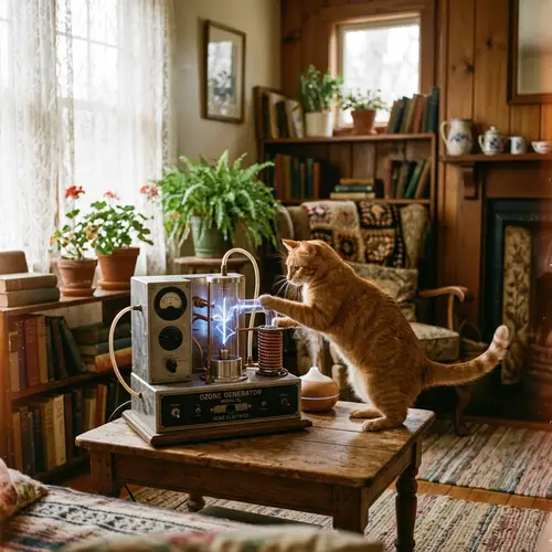Feline Companion Conducting Ozone Treatment | Dreamy & Nostalgic Scene