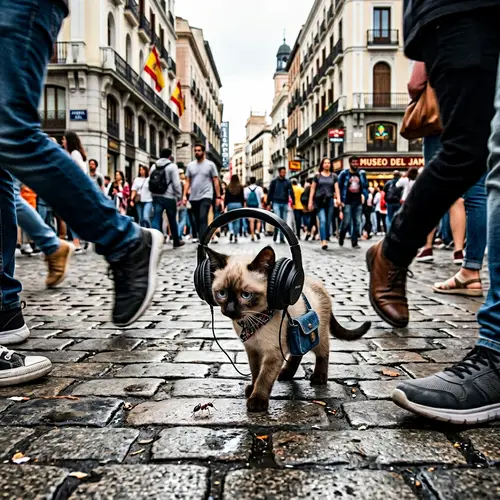 Goofy Siamese Cat's Melancholic Stroll in Madrid