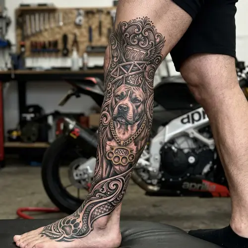 Intricate Leg Tattoo Design with Amstaff Dog and Aprilia RSV4 Elements