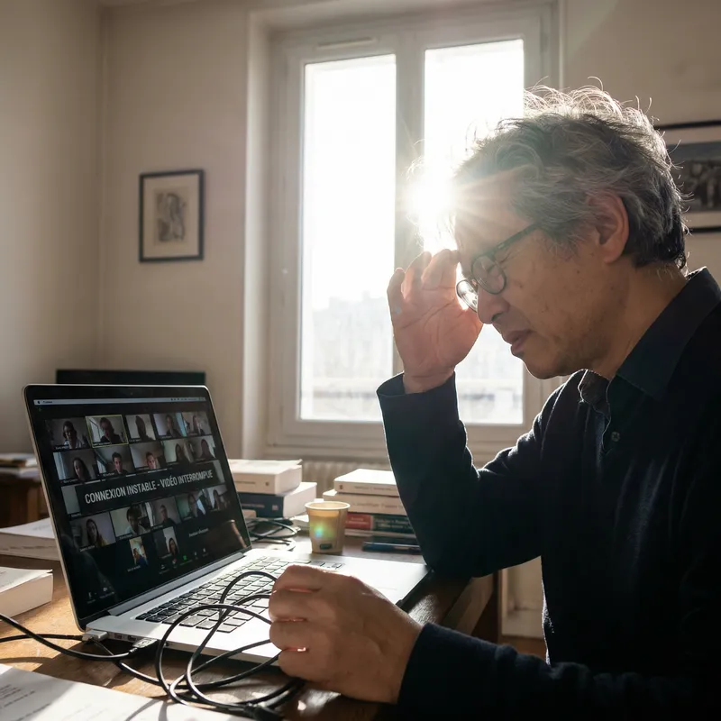 French Higher Education Virtual Lecture Technical Difficulties Scene - Asian Teacher French Higher Education Virtual Lecture Technical Difficulties Scene - Asian Teacher