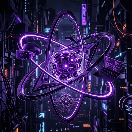 Futuristic Atom Visualization with VR and Tech Elements