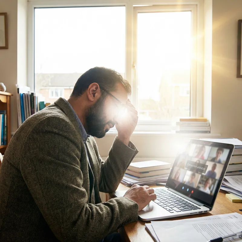 Middle-Eastern University Professor Teaching Online with Sunlight Glare