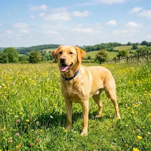 Vibrant Yellow Dog Standing in Sunny Field