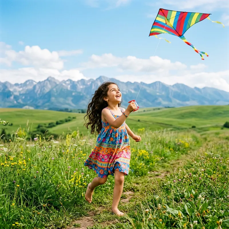 Happy Middle-Eastern Girl Flying a Kite Outdoors Happy Middle-Eastern Girl Flying a Kite Outdoors