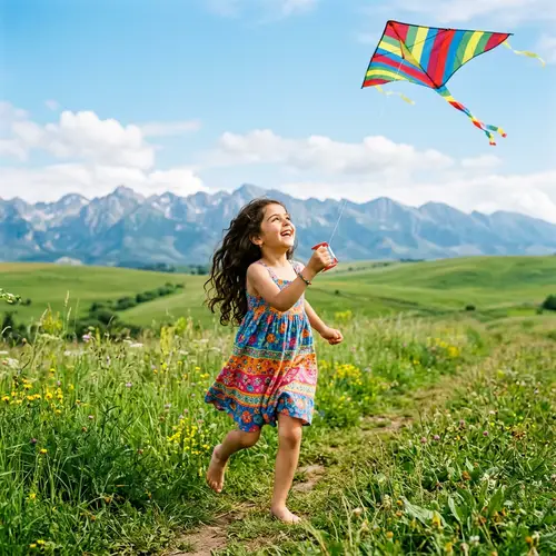 Happy Middle-Eastern Girl Playing with Kite in Lush Green Fields