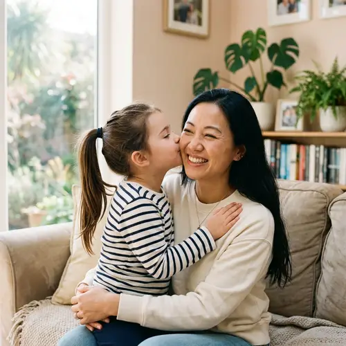 Tender Moment: Girl Kissing Asian Mom - Home Family Bonding