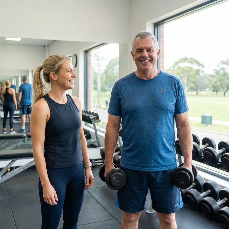 Attractive Blonde Fitness Trainer with Healthy 60-Year-Old Man in Gym