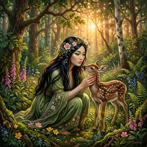 Magical Forest Nymph: Enchanting Scene with Fawn and Flowers