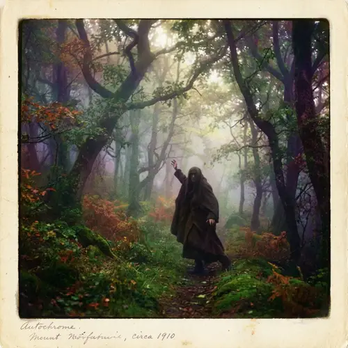 Misty Forest: Mysterious Figure in Vibrant Colors