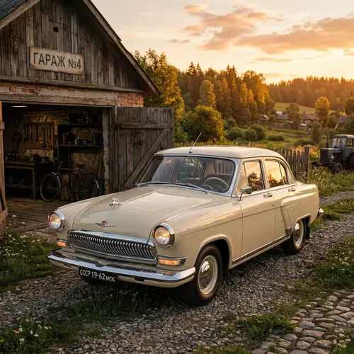 Vintage Soviet Car in Rustic Garage at Sunset