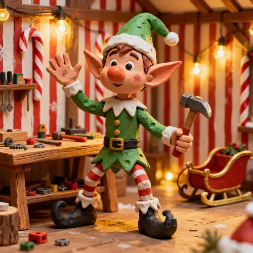 Whimsical Claymation Elf in Santa's Workshop