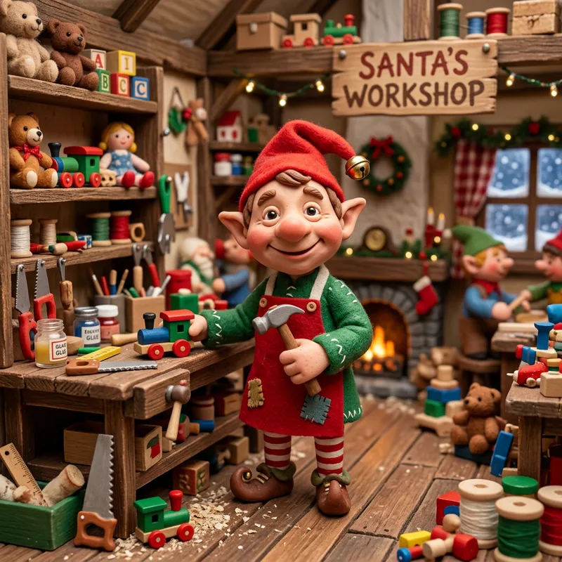 Whimsical Claymation Elf in Santa's Workshop Whimsical Claymation Elf in Santa's Workshop