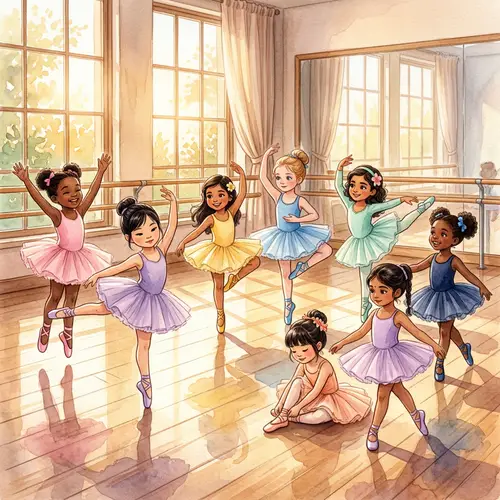 Diverse Group of Little Girls Watercolor Ballet Illustration