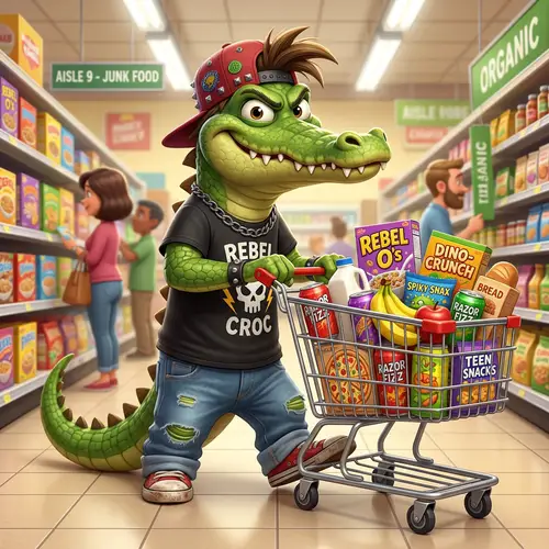 Rebellious Cartoon Crocodile Shopping Adventure