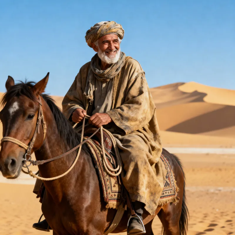 Elderly Man on Horseback in Desert Landscape