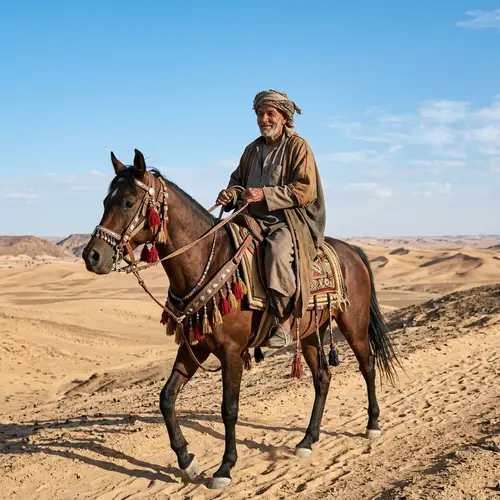 Elderly Man on Horseback in Desert Landscape