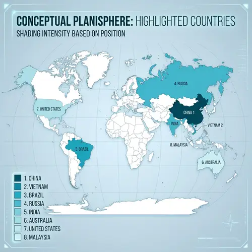 Conceptual World Map Highlighting Specific Countries