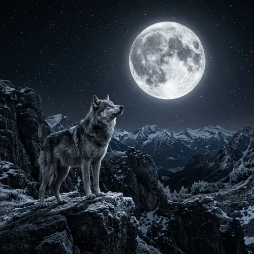 Majestic Wolf under Full Moon: A Scene of Quiet Strength