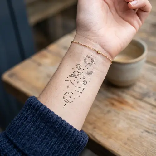 Celestial Astronomy Tattoo Design for Wrist - Minimalistic Stars & Planets