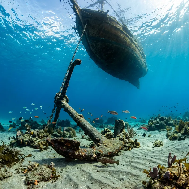 Anchor Beneath a Ship in Clear Blue Water Anchor Beneath a Ship in Clear Blue Water