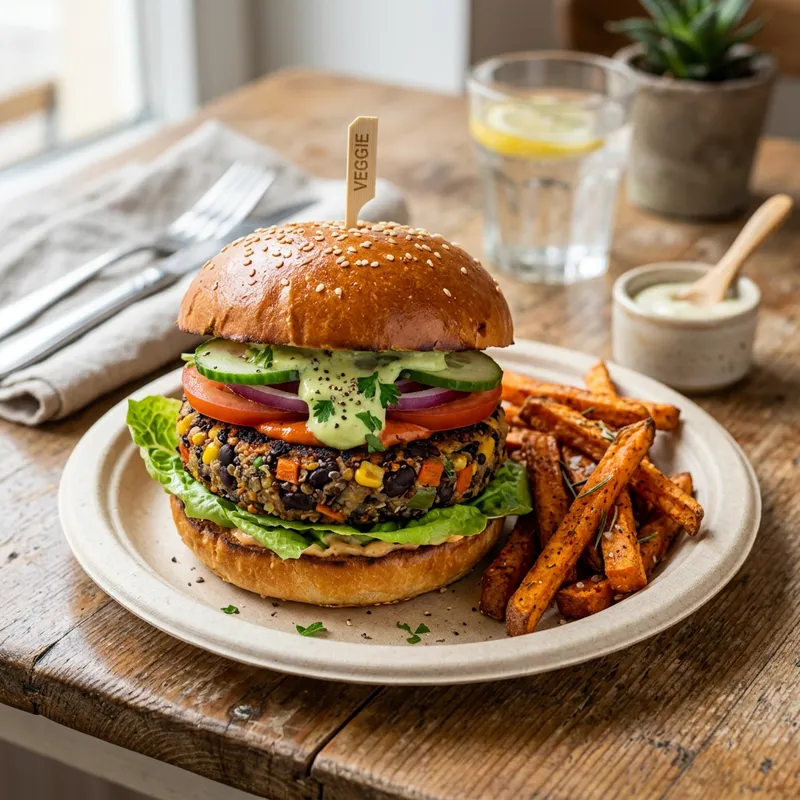 Mouthwatering Veggie Burger and Sweet Potato Fries Mouthwatering Veggie Burger and Sweet Potato Fries