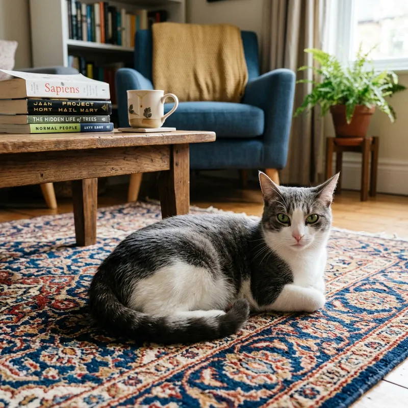 Beautiful White and Gray Cat Lounging in Living Room Beautiful White and Gray Cat Lounging in Living Room