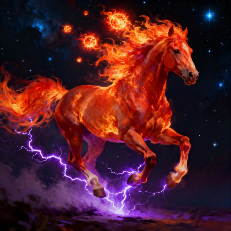 Majestic Fiery Horse in Cosmic Hyperrealism Art Majestic Fiery Horse in Cosmic Hyperrealism Art