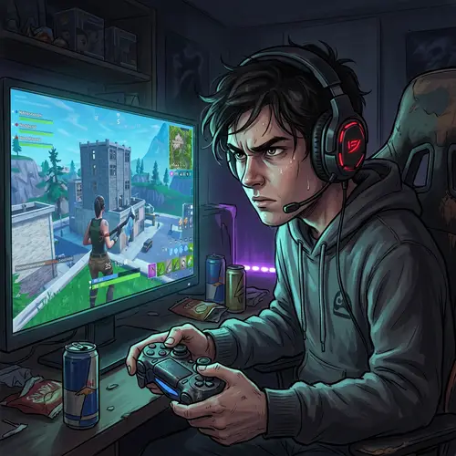 Intense Gamer Playing Fortnite - Deep Focus and Determination