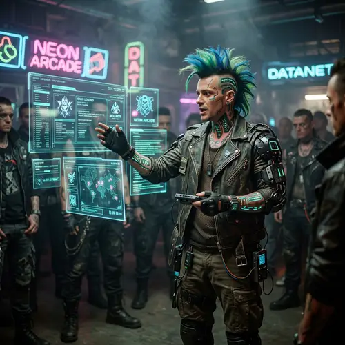 Cyberpunk Gang Member Presentation on Hovering Screens