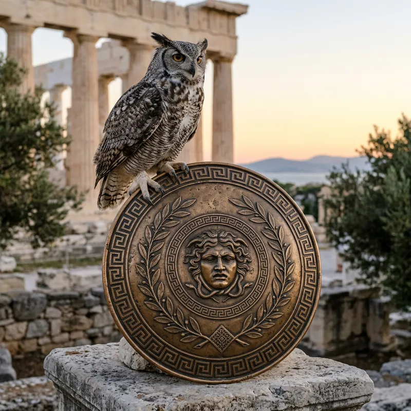 Owl Symbolizing Athena on Ancient Greek Shield