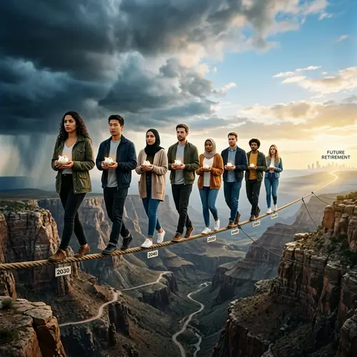 Uncertain Future of Retirement Planning | Diverse Individuals on Tightrope
