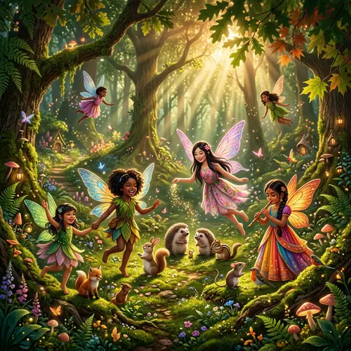 Enchanting Forest Scene with Fairies and Woodland Creatures