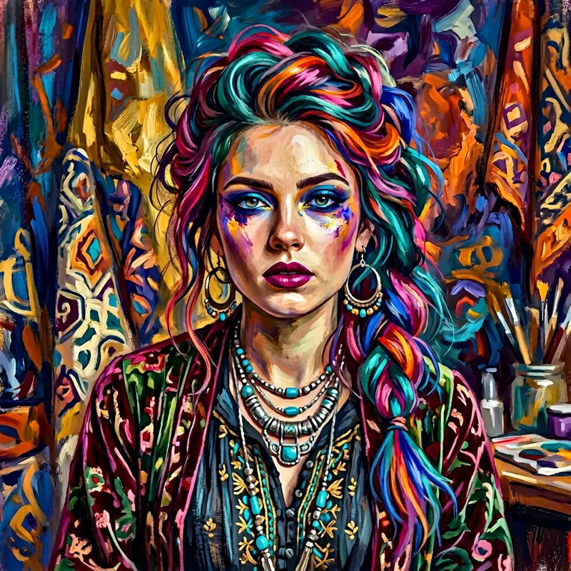 Intense Bohemian Woman Portrait Inspired by Frida Kahlo