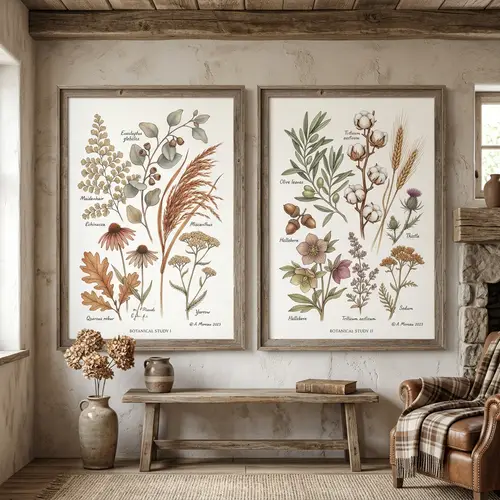 Botanical Illustrations Diptych for Rustic Living Room Decor