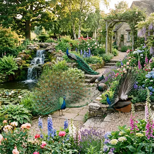 Vibrant Peacocks Displaying Feathers in Garden