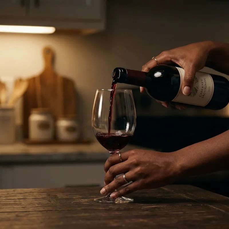 Elegant Wine Pouring in Dimly Lit Kitchen Elegant Wine Pouring in Dimly Lit Kitchen