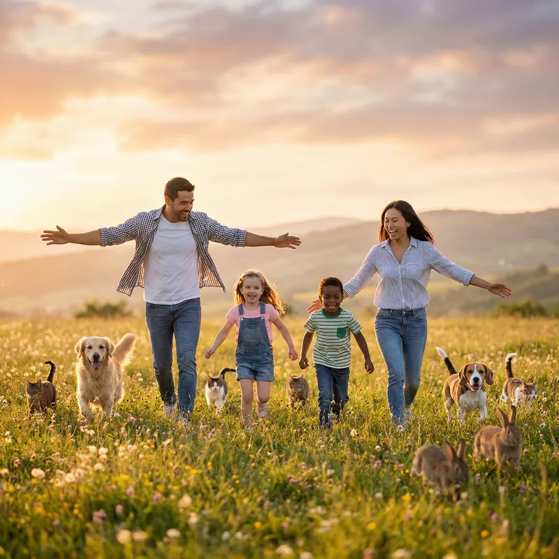 Joyful Multicultural Family Frolicking on Meadow with Pets