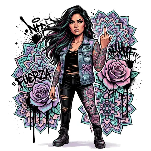 Rebellious Hispanic Woman Graffiti Art with Vibrant Tattoos