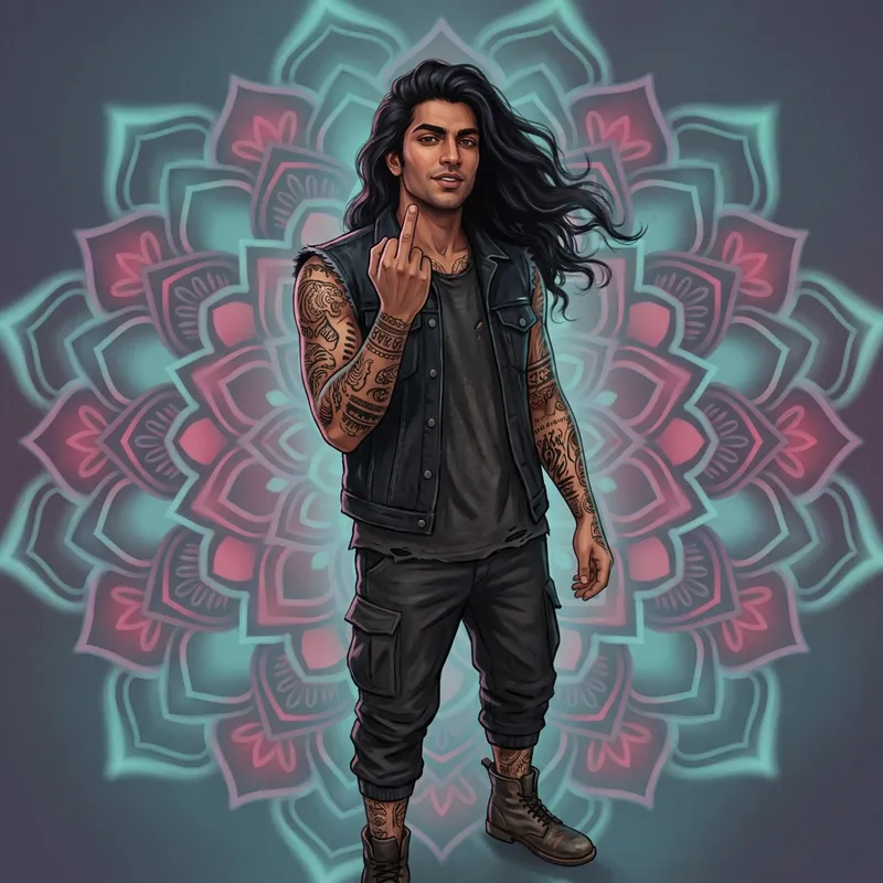 Rebellious Male with Intricate Tattoos and Flowing Hair