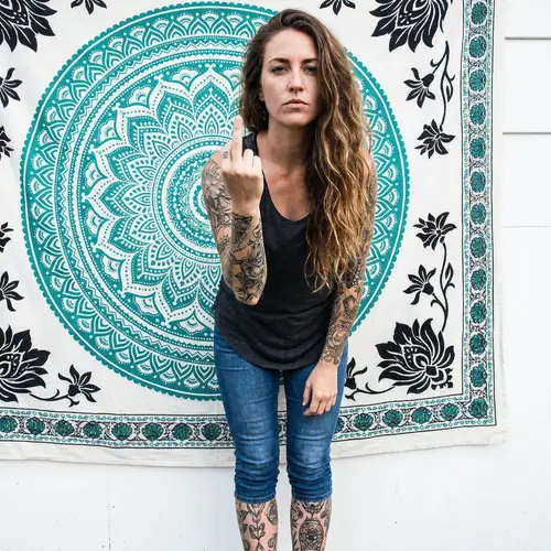 Caucasian Woman with Tattoos and Defiant Pose | Illustrated Scene