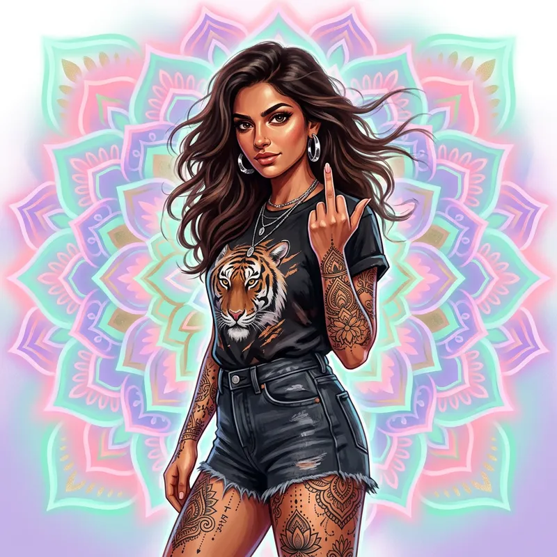 Rebellious Illustration of Defiant South Asian Woman with Tattoos