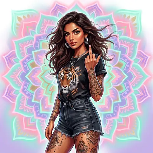 Defiant South Asian Woman Illustration with Intricate Tattoos