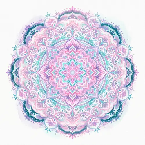 Vibrant Mandala Illustration in Pastel Pink, Purple & Teal