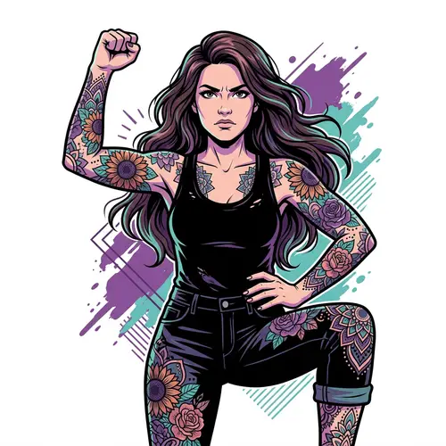 Rebellious Woman with Vibrant Tattoos | Edgy Digital Painting