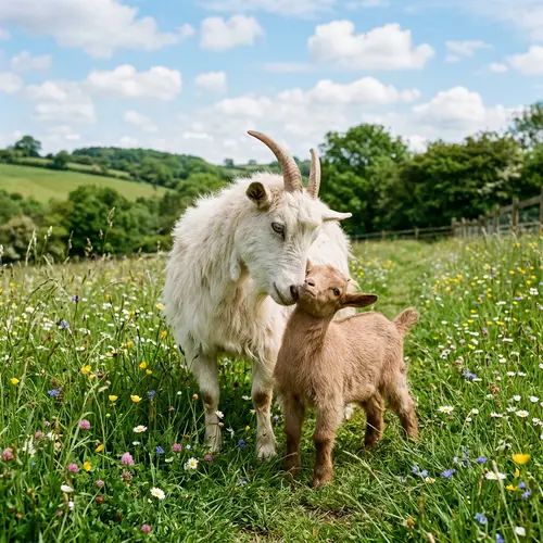 Heartwarming Scene of Mother Goat and Kid in Meadow