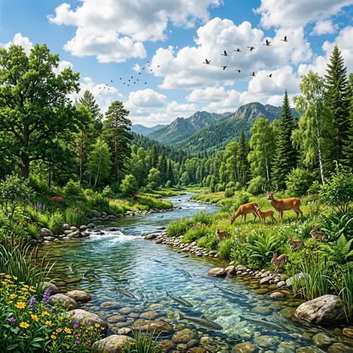 Tranquil Forest Landscape with Diverse Flora and Wildlife