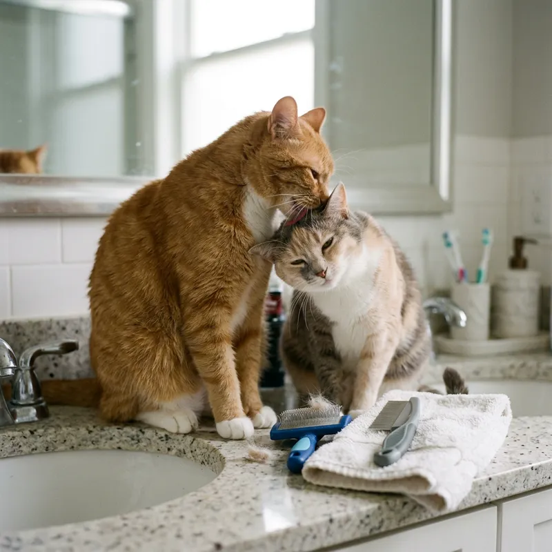 Adorable Cats Grooming Each Other in the Bathroom Adorable Cats Grooming Each Other in the Bathroom