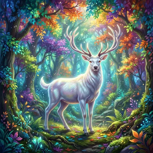 Mystical Forest with Majestic White Stag | Fantasy-Inspired Artwork
