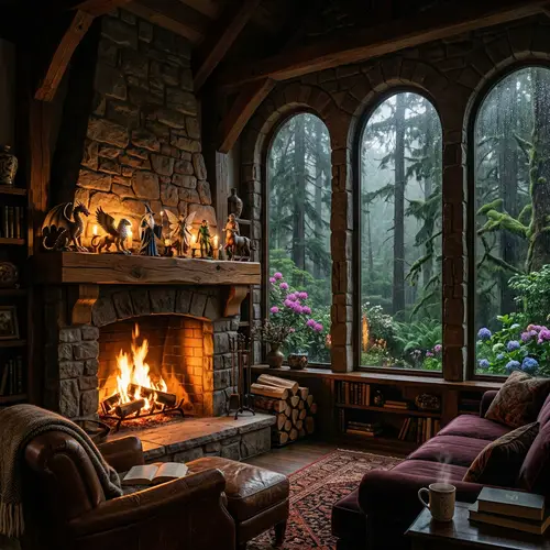 Luxurious Living Room with Fireplace and Forest View